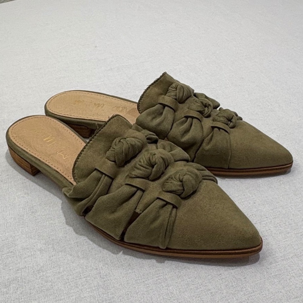 Mi.iM Jevelle Olive Green Knotted Mule Loafers Slip On Pointed Toe Suede SZ 9.5 - Picture 2 of 7